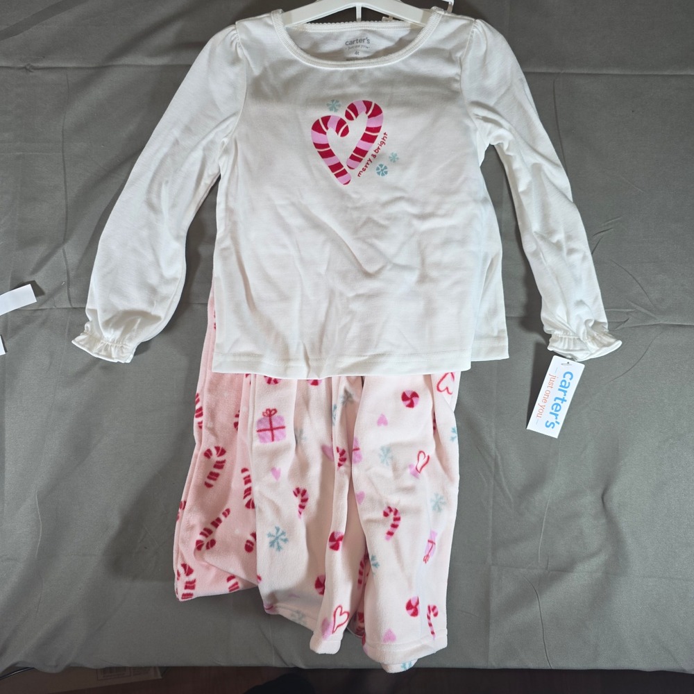 Carters Just One You Kids 4T Pajama Set White Pink Candy Cane Fleece 6T947010